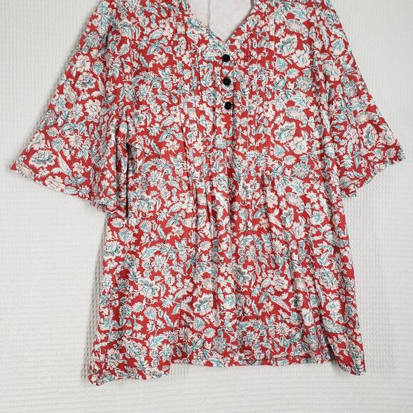 Hocosit Tunic Top Womens 2XL Red Floral Pleated Flutter Sleeve Bohemian Casual - Picture 5 of 15